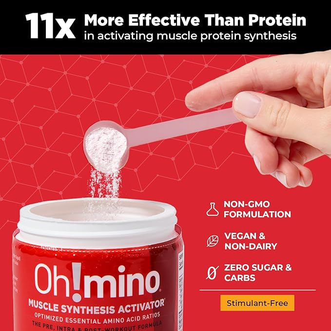 Oh!mino BCAAs + EAAs All 9 Essential Amino Acids for Muscle Growth &amp Recovery Tropical Flavor Stimulant-Free Sugar-Free Pre/Intra Post Workout Supplement Non-GMO