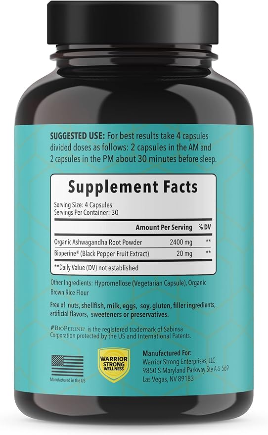 Pure Organic Ashwagandha Capsules with Bioperine - 2400 mg - 120 Capsules - Healthy Stress Response and Mood Boost Immune Health Better Sleep