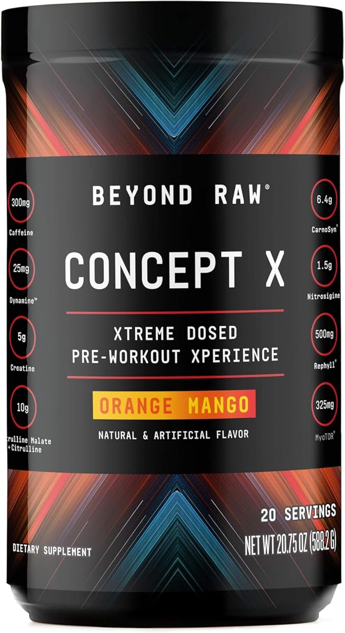 BEYOND RAW Concept X Clinically Dosed Pre-Workout Powder Contains Caffeine L-Citrulline Creatine and Beta-Alanine Orange Mango 20 Servings