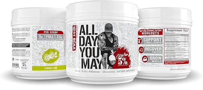 5% Nutrition Rich Piana AllDayYouMay BCAA Powder Premium Intra &amp Post Workout Amino Acids Hydration Endurance Muscle Recovery Joint &amp Liver (Lemon Lime)