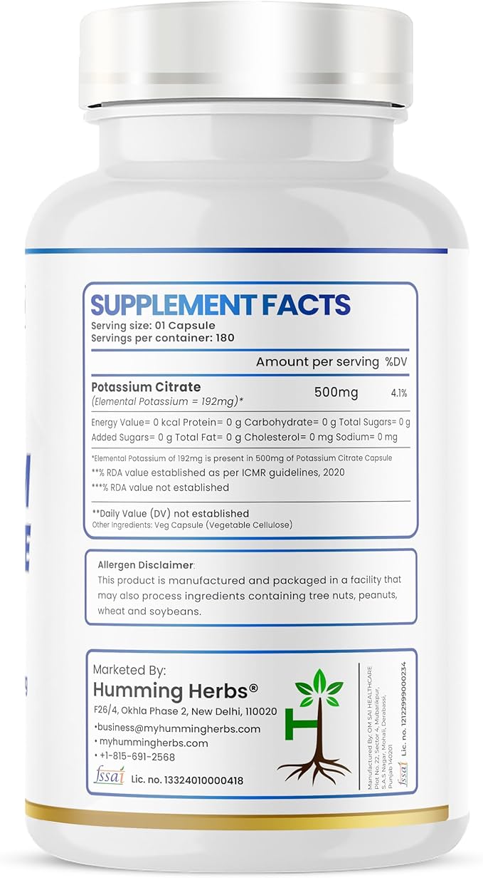 Potassium Citrate 500mg-192mg Elemental Potassium Per Serving-Non-GMO-180 Vegan Capsules
