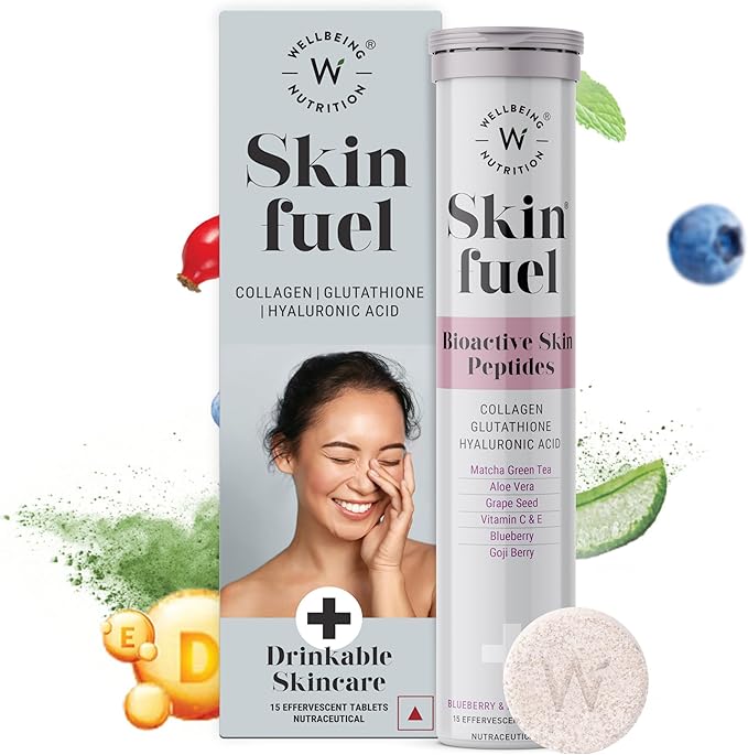 WELLBEING NUTRITION Skin Fuel with Collagen L-Glutathione Hyaluronic Acid Matcha Green Tea Aloe Vera Grape Seed Vitamin C E - 30 Effervescent Tablets