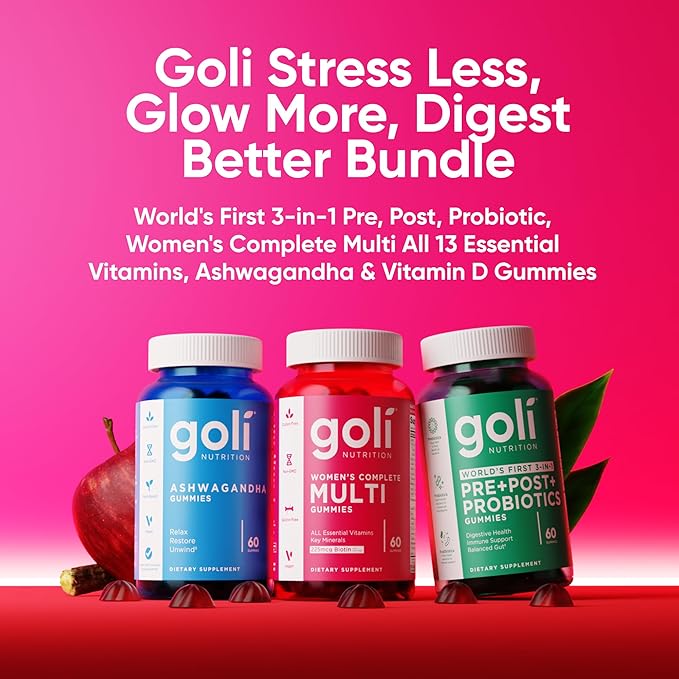 Goli Stress Less Glow More Digest Better Bundle - World's First 3-in-1 Pre Post Probiotic Women's Complete Multi All 13 Essential Vitamins Ashwagandha &amp Vitamin D Gummies Vegan