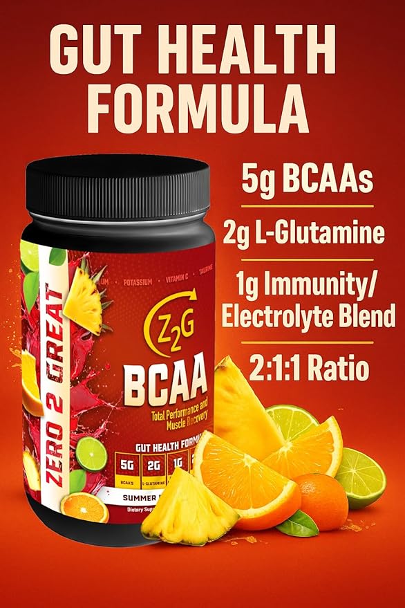 Z2G BCAA Powder – Summer Punch Splash | Gut Health + Total Performance &amp Muscle Recovery with 5g BCAAs 2g L-Glutamine 1g Immunity Electrolytes | Easy to Mix | Sugar-Free Gluten-Free Dairy-Free
