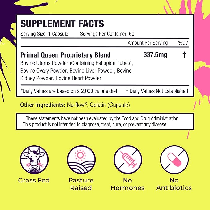 Primal Queen Female-Optimized Beef Organ Superfood Supplement (Beef Liver Kidney Heart &amp 3 More) - 100% Grass Fed Pasture Raised - 3rd Party &amp Clinically Tested