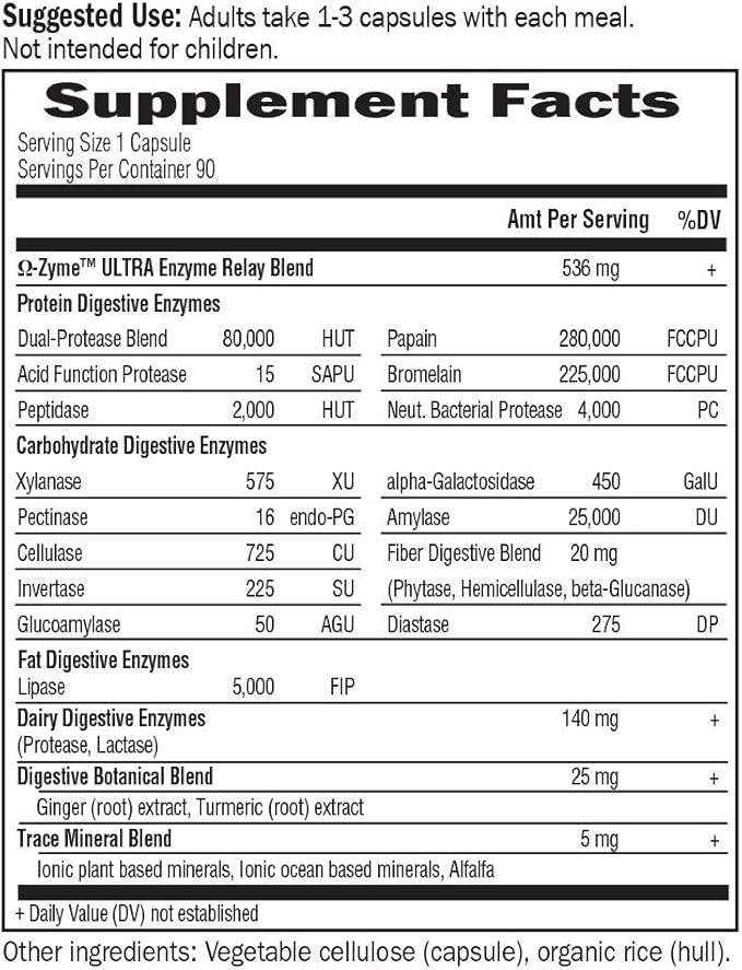 Garden of Life 21 Powerful Digestive Enzymes with Papain Bromelain Lipase Plus Ginger and Turmeric - Omega-Zyme Ultra Enzymes for Digestion Dietary Supplement Vegetarian 90 Capsules