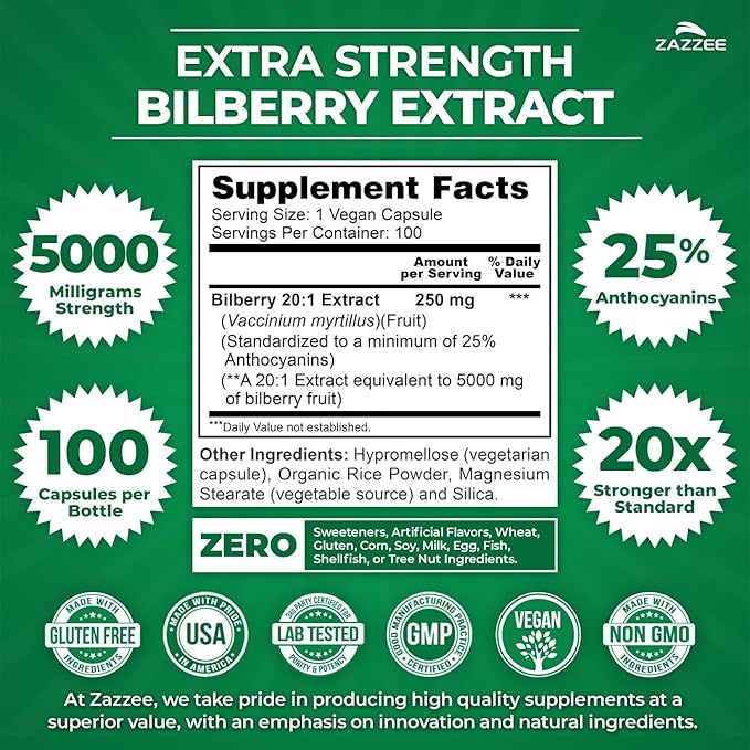 Zazzee Cognitive Brain Health &amp Vision Support Bundle | Extra Strength Bilberry 20:1 Extract &amp CDP Choline Capsules | Non-GMO Vegan &amp ISO Lab Tested