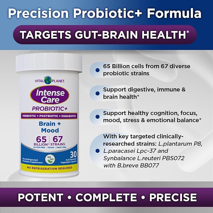 Vital Planet - Intense Care Brain &amp Mood Probiotics Organic Prebiotics Postbiotics Parabiotics Complete 4-in-1 Health Supplement for Adults 65 Billion CFU 67 Strains Digestive and Immune 30