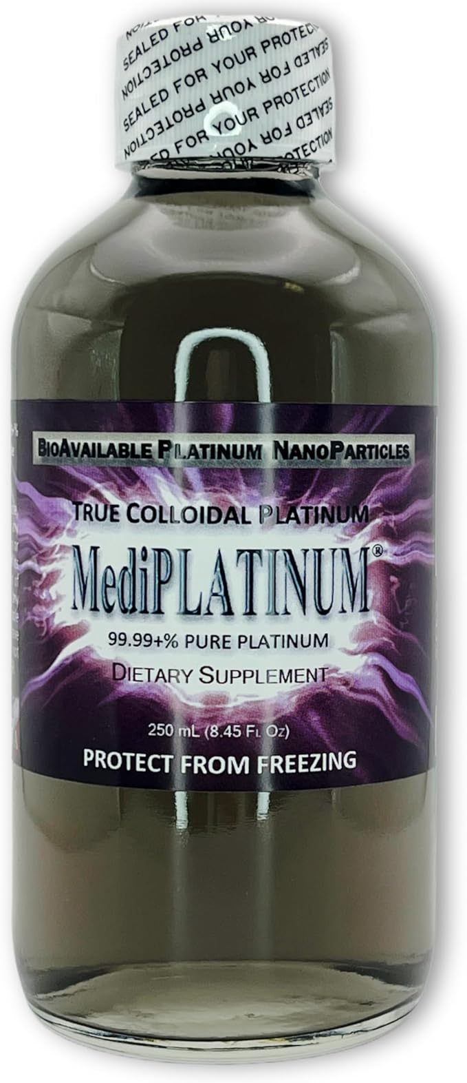 MediPLATINUM Gut Booster True Colloidal Platinum PtNP Nutritional Supplement - 250 mL (8.45 Fl Oz) in Clear Glass Bottle