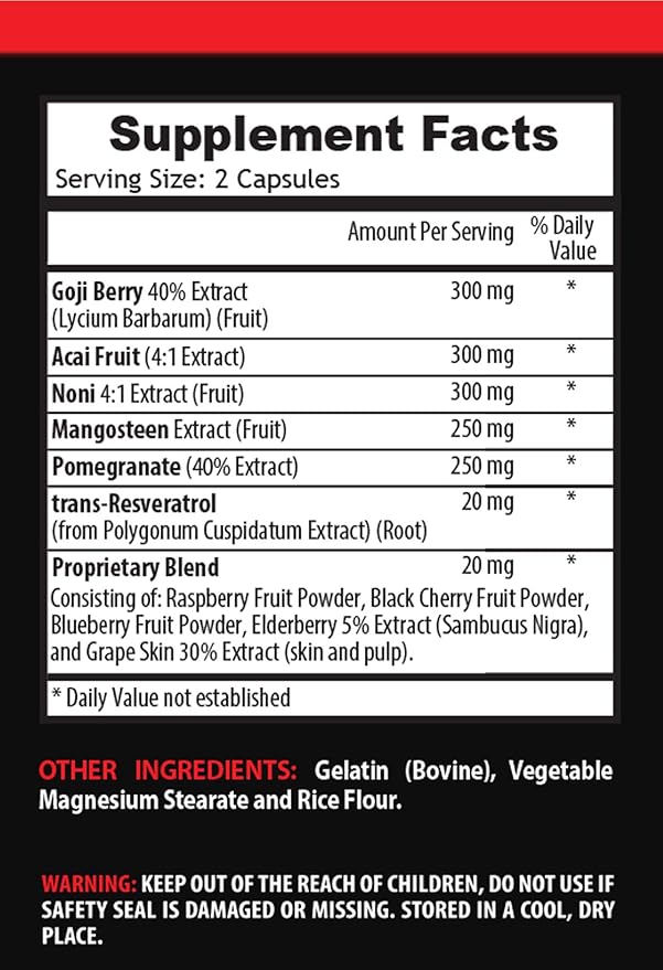 antioxidant supplement - GOJI BERRY COMPLEX - WITH POMEGRANATE RESVERATROL NONI ACAI - Pomegranate vitamin e for skin - antioxidant nutritional supplements - antioxidants vitamins - 2 Bot 120 Caps