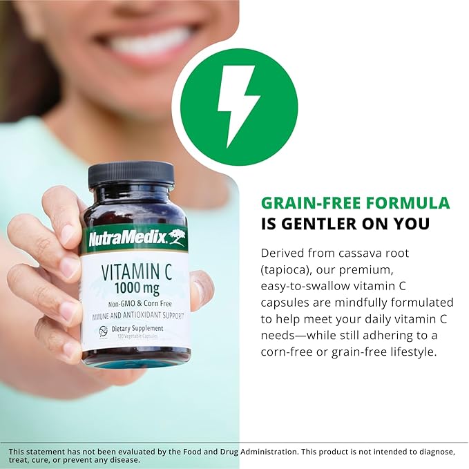 NutraMedix Corn-Free Vitamin C Capsules - Antioxidant &amp Seasonal Immune Support - Vitamin C Supplement with Ascorbic Acid Sourced from Tapioca - 1000 mg (120 Vegetable Capsules)