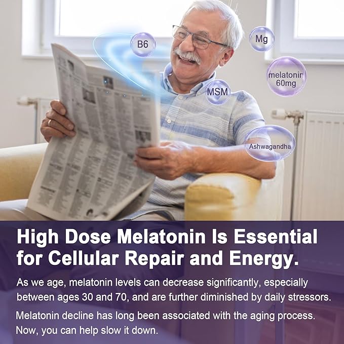 Antioxidant &amp Brain Support Melatonin 60mg 30mg for 50+ Adults | High Dose Melatonin for Anti-Aging &amp Immune | Extra Strength Melatonin Gummies with B6 Ashwagandha Magnesium MSM - 120 Gummi