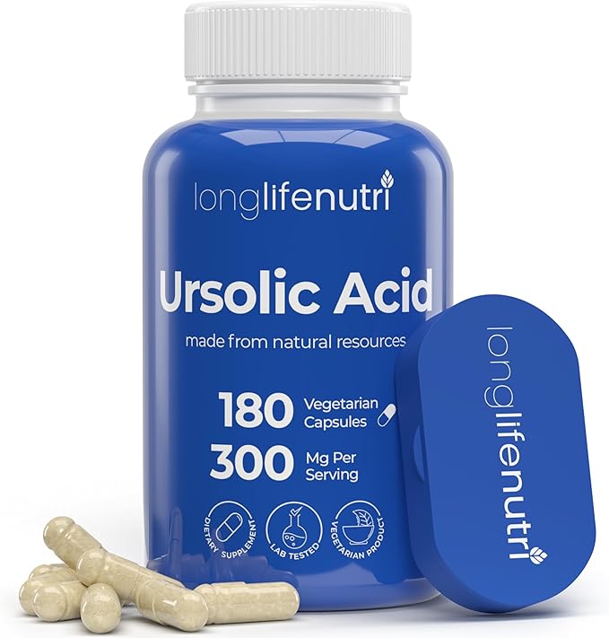 LongLifeNutri Ursolic Acid 300mg - Sourced from Rosemary Leaf Extract 180 Vegetarian Capsules Organic Supplement for Muscle Growth &amp Recovery 2-Month Supply Lab Tested GMP Certified Made in