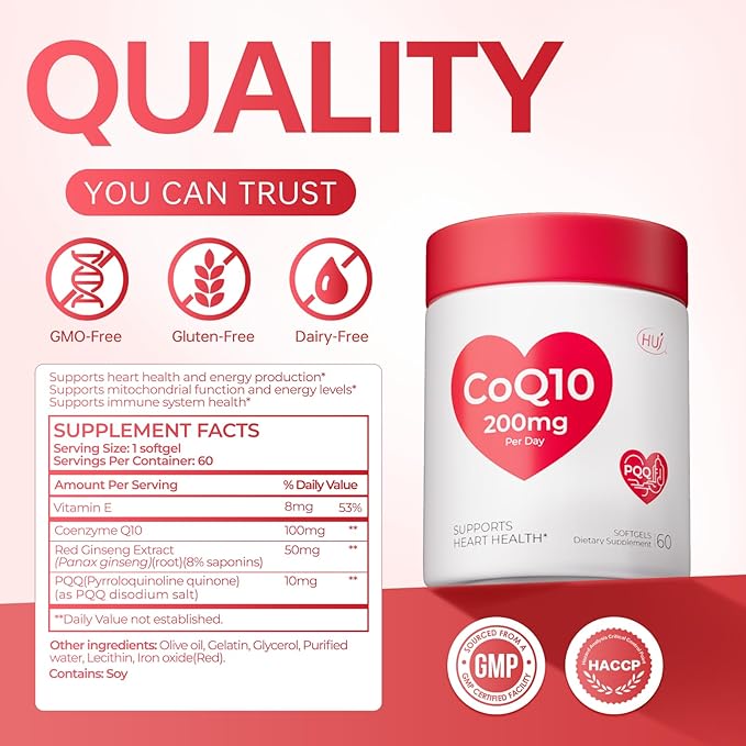HUJ CoQ10 with Red Ginseng Formula - Heart Health &amp Energy Production Support with Coenzyme Q10 Red Ginseng Extract Vitamin E &amp PQQ - 60 Softgels