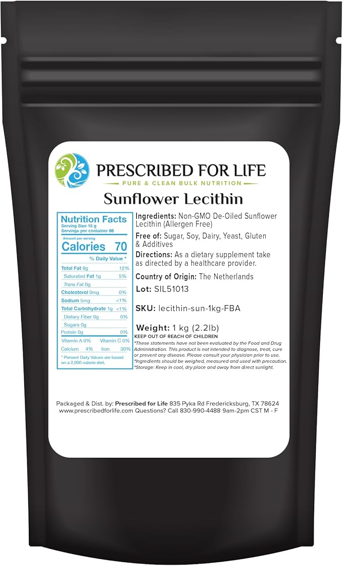 Prescribed For Life Sunflower Lecithin Powder Unbleached Gluten Free Vegan Non GMO Soy Free Kosher Naturally Rich in Choline &amp Essential Fatty Acids (1kg / 2.2lb)