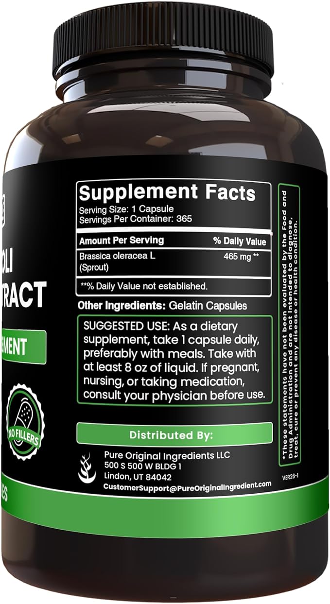 PURE ORIGINAL INGREDIENTS Broccoli Extract (365 Capsules) No Magnesium Or Rice Fillers Always Pure Lab Verified