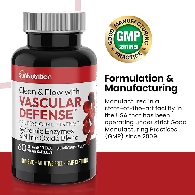 Vascular Defense Nitric Oxide Support | Systemic Enzyme Blend with Nattokinase Lumbrokinase Serrapeptase &amp Bromelain | Beet Root Extract | Spike Detox | Cardiovascular Supplement | 60 Capsules