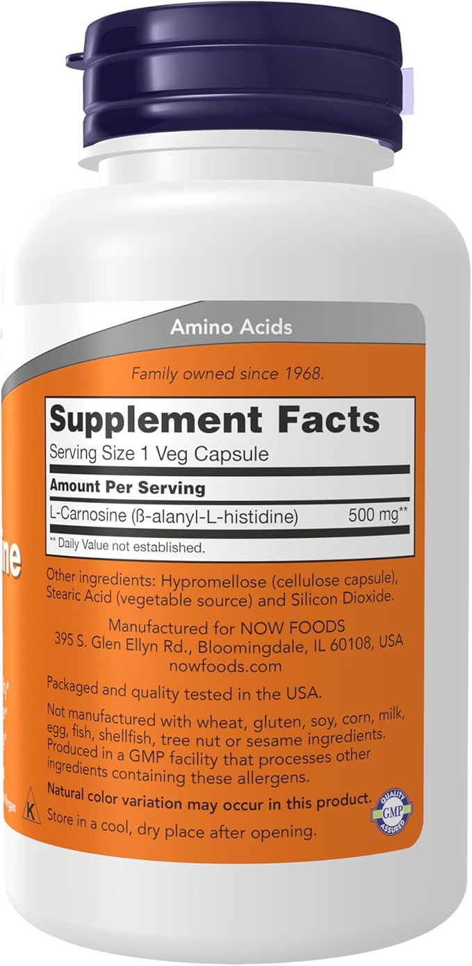 NOW Foods Supplements L-Carnosine (Beta-Alanyl-L-Histidine) 500 mg Healthy Aging 100 Veg Capsules(Pack of 2)