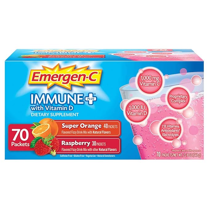 Emergen-C Immune+ System Support Dietary Supplement Drink Mix With Vitamin D 1000mg Vitamin C - 70 packets (30 - Raspberry Flavor 40 - Super Orange Flavor)