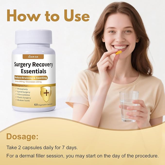 Lunza Aesthetic &amp Surgery Recovery Supplement Swelling and Bruising Relief with Arnica 1000mg &amp Bromelain 125mg 60 Capsules