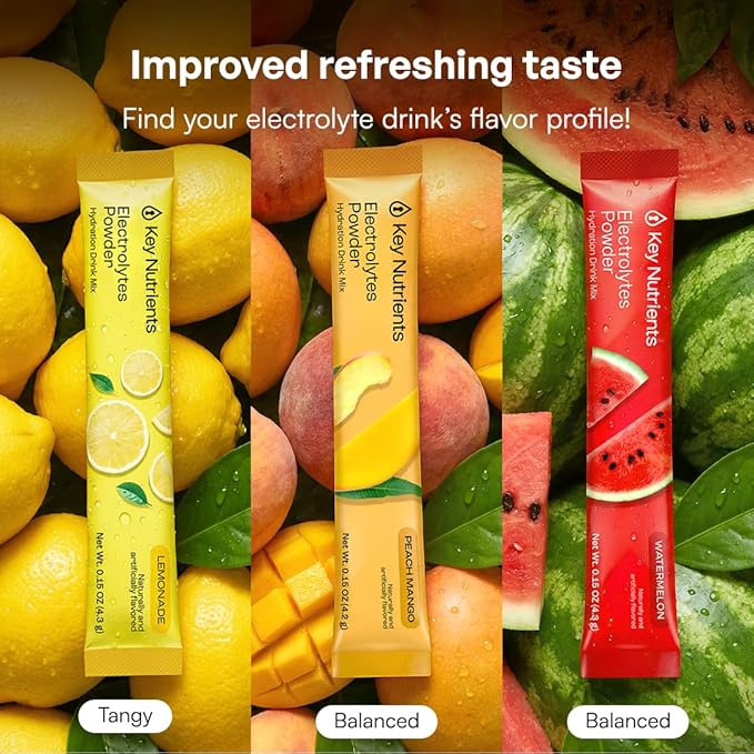 KEY NUTRIENTS Electrolytes Powder Packets – Variety Pack – Sugar Free Hydration Drink Mix – Keto Electrolytes Hydration Packets – Improved Refreshing Taste Lemonade Peach Mango &amp Watermelon – 10