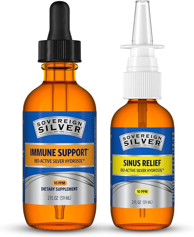 Sovereign Silver Immune Support + Natural Nasal Spray Bundle Colloidal Silver Bio-Active Hydrosol 10 PPM 2 Fl Oz Each Immune Support with Liquid Dropper &amp Sinus Care Duo Pack