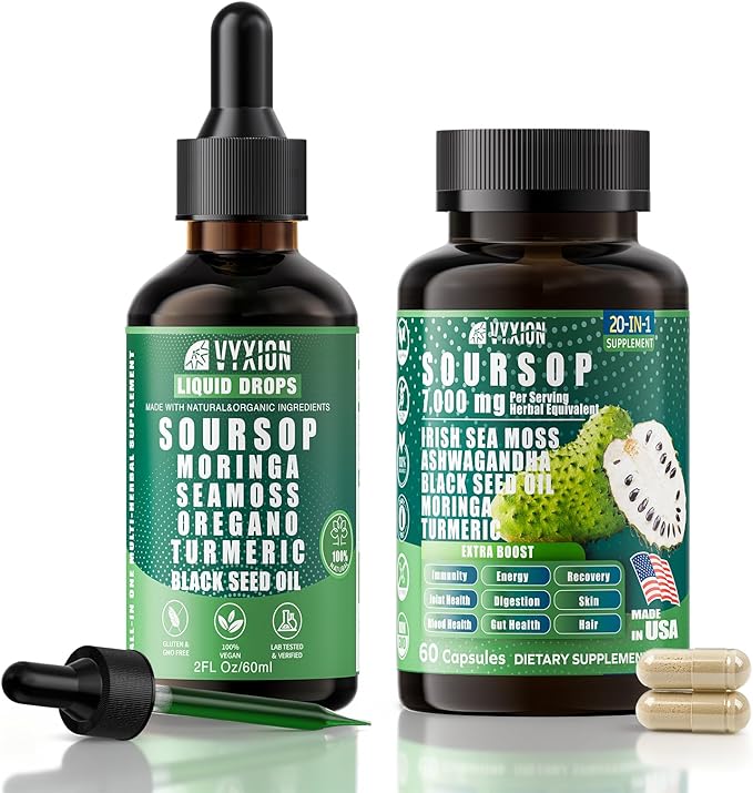 Vyxion Soursop Bitters Bundle Liquid &amp Capsule Sea Moss Moringa Turmeric Black Seed Oil Oregano Ashwagandha | Herbal Extracts for Overall Health-Enhancing | Vegan Non-GMO