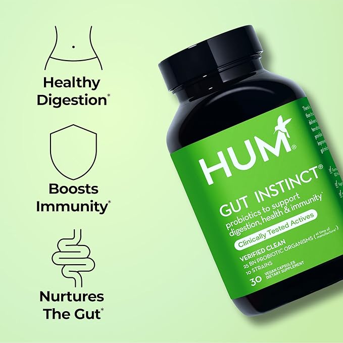 HUM Gut Instinct Daily Probiotics for Women and Men Digestive Health Lactobacillus Bifidobacterium Strains for Immune Support Probiotic Supplement for Healthy Gut Diversity 30 Capsules