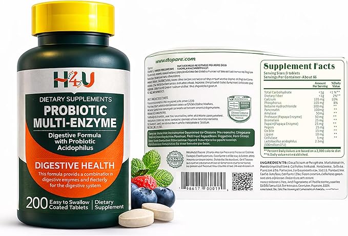 H4U Probiotic Multi-Enzyme Digestive Enzymes Formula with Acidophilus Tablets for Digestive Health &amp Gut Support Dietary Supplement 200 Count