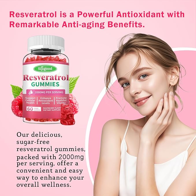 Organic Resveratrol Gummies for Women - Sugar Free Resveratrol-Nutritional-Supplements for Antioxidant Support Cellular Health Immunity Brain &amp Energy Raspberry Flavor 120 Count