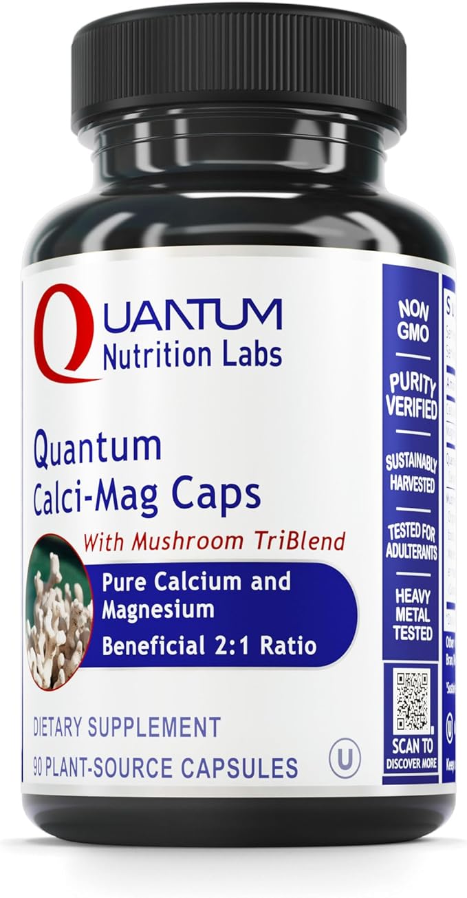 Quantum Nutrition Labs Calci-Mag Caps - Calcium Magnesium Supplement Calcium Supplement Pure Magnesium &amp Mushroom Complex with Reishi &amp Lions Mane - 90 Vegetarian Capsules