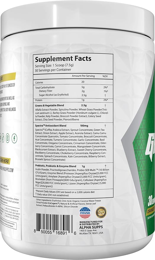 Alpha Supps - Alpha Greens Supplement | Fruit &amp Vegetable Superfood Powder | Over 40 Natural Plant Based Ingredients | Prebiotic &amp Probiotic Digestive Support Blend - 30 Servings (Orange Cherr