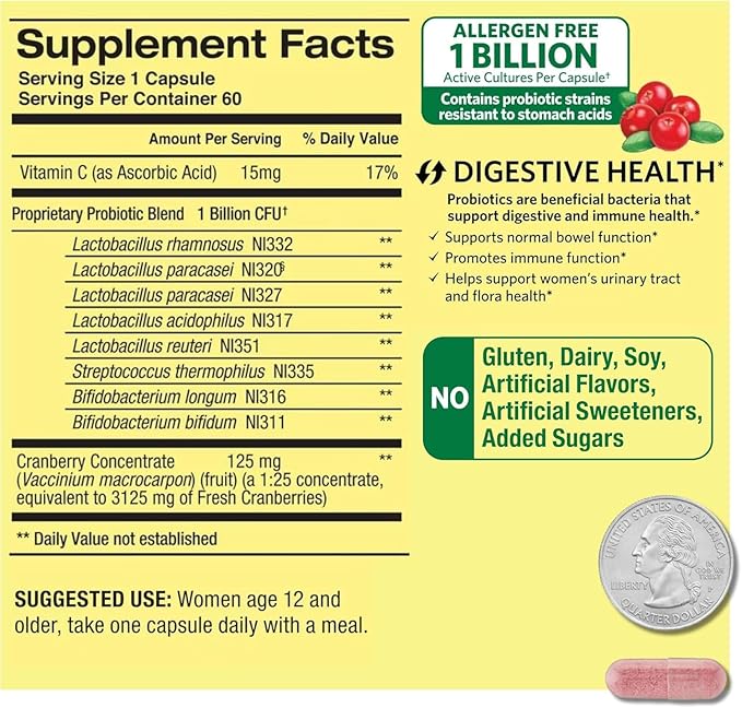Probiotics for Women Capsules Dietary Supplement 1 Billion CFUs - Digestive Health (60 Capsules - Pack of 1) + VSL Sticker