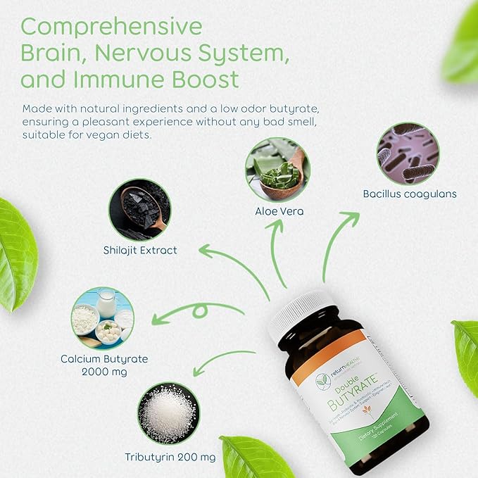 Double Butyrate Gut Health Supplement | Probiotic &amp Postbiotic Digestive Supplements for Gut Support | Enhances Immune Brain &amp Nervous System Function | Odor-Free Formula | 120 caps