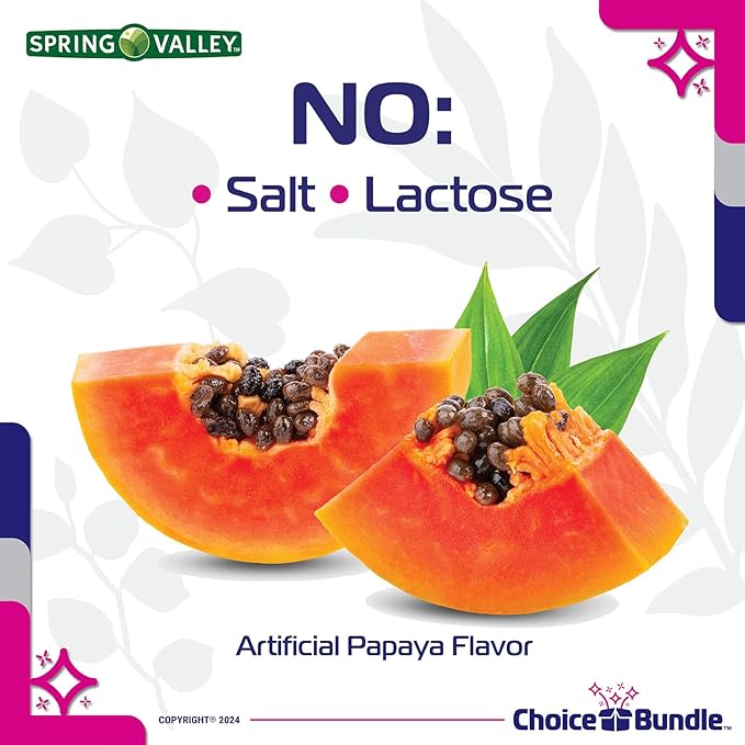Choice Bundle Spring Valley Papaya Enzyme Complex Chewable Tablets Dietary Supplement 180 Ct 2 pk (360 Total) - Plus Vitamin Guide &amp Pill Container (4 Items)!