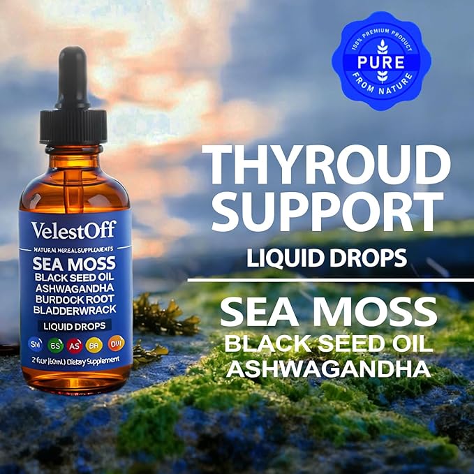 Irish Seamoss Thyroid Hormone Regulator Velestoff Thyroid Support Drops | Sea Moss Black Seed Oil Ashwagandha Burdock Root Bladderwrack Hormone Balance &amp Support - 2 FL.OZ (2 Pcs)