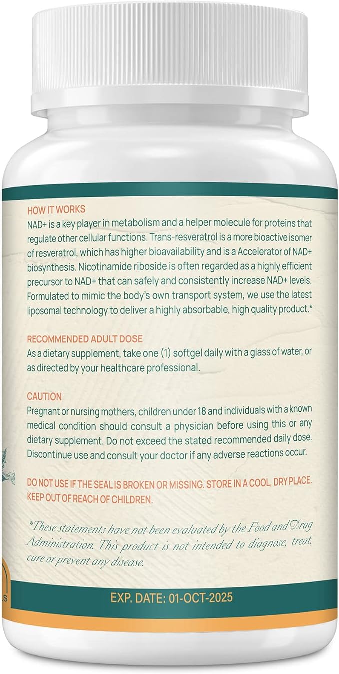 800 mg Liposomal NAD+ Supplement with Nicotinamide Riboside 200 mg Trans-Resveratrol 100 mg - True NAD Supplement for DNA Repair Healthy Aging Brain Function - 360-Day Supply