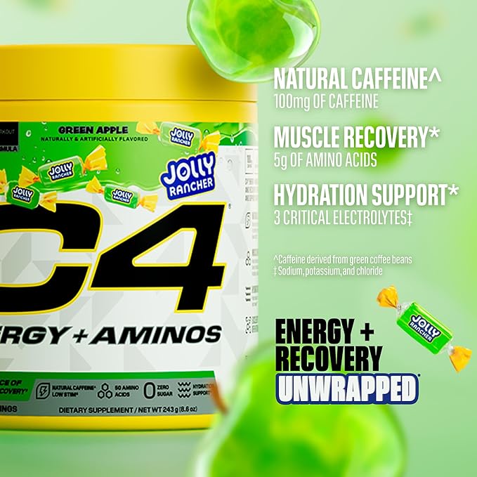 C4 Energy + Aminos Powder Jolly Rancher Green Apple 5g BCAAs &amp EAAs for Muscle Recovery 3 Electrolytes for Hydration 100mg Natural Caffeine Pre Workout Zero Sugar 30 Servings