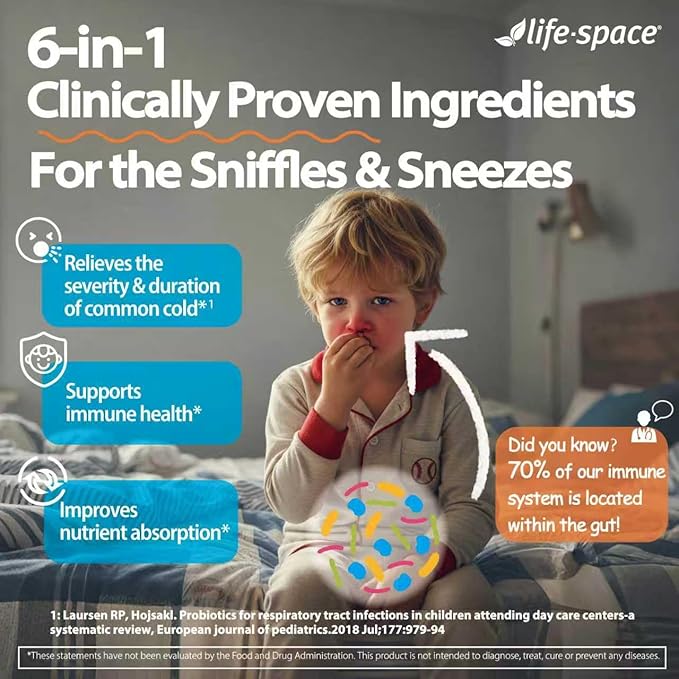 Life-Space Children Immune Support Probiotic 2 Month Serving Clinically Proven to Relieve Common Cold Symptoms 12 Billion CFU 6 in 1 Kids Probiotic for Digestive &amp Immune Health 60 Grams