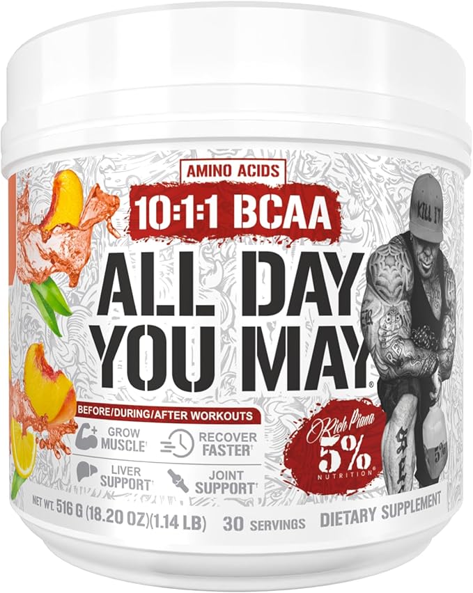 5% Nutrition Rich Piana AllDayYouMay BCAA Powder Premium Intra &amp Post Workout Amino Acids Hydration Endurance Muscle Recovery Joint &amp Liver | 18.2 oz 30 Srvgs (Peach Tea)