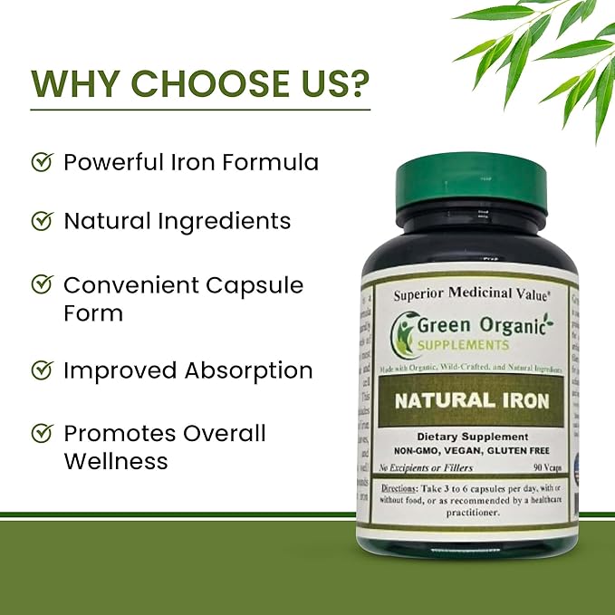 (Pack of 1) Green Organic Supplements' Iron 2000mg 90 Hand Made Vegan Non-GMO &amp Gluten Free Natural Iron Capsules