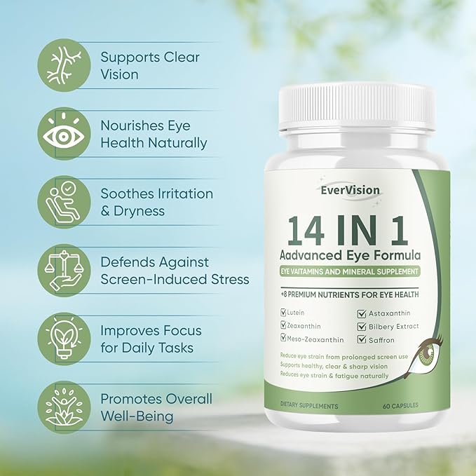 Evervision 14 in 1 Advanced Eye Formula Neurobella Eye Vitamin and Mineral Supplement with Zinc Lutein Zeaxanthin &amp Bilberry Extract 60 Capsules (1)