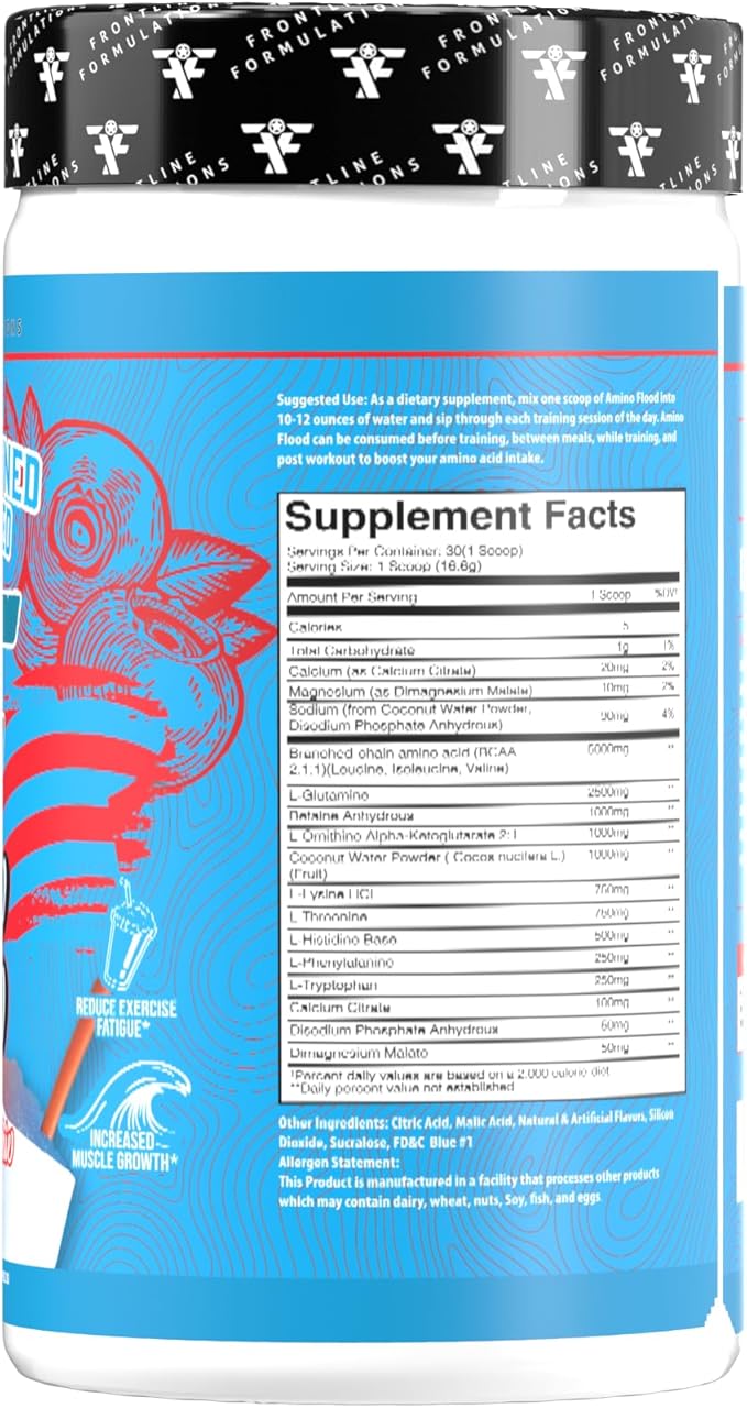 Amino Flood from Frontline Formulations - BCAA + EAA Recovery &amp Hydration Formula – Muscle Support Electrolytes &amp Endurance – Amino Acid Supplement for Intra &amp Post Workout Blue Cherry Sl
