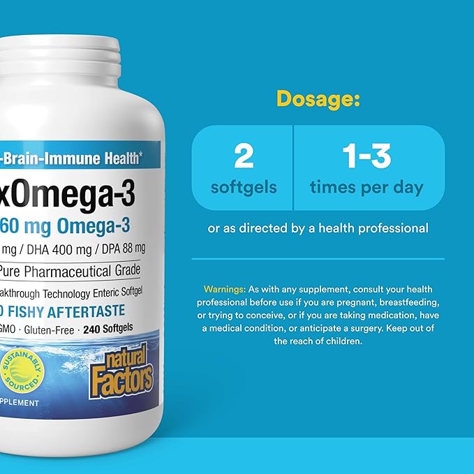 Natural Factors RxOmega-3 Fish Oil Pharmaceutical Grade 1260 mg Omega-3 Per Serving No Fishy Aftertaste 240 Count (Pack of 1)