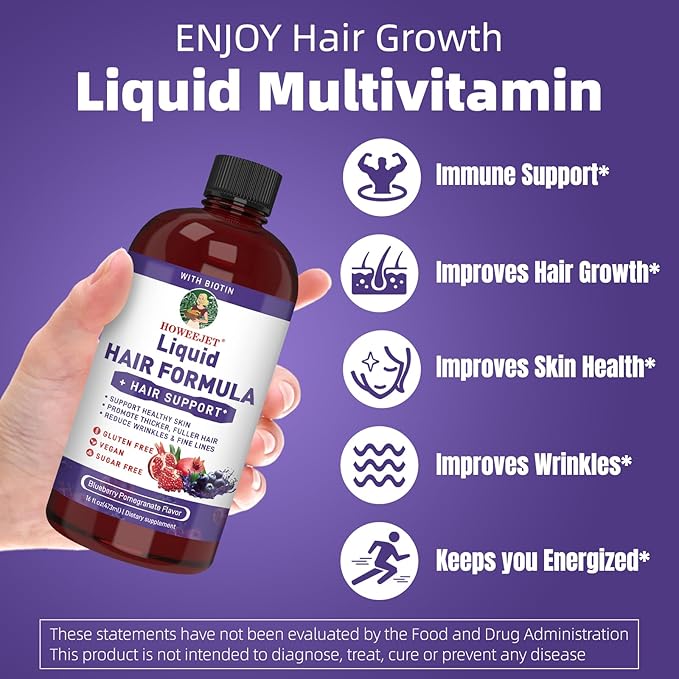Liquid Multivitamin for Hair Formula | Biotin 2500mcg | Healthy Hair Habits | Clinically Tested for Thicker Hair &amp Skin Elasticity for Women | Ages 18+ | 16 Fl Oz (Blueberry Pomegranate Flavor)