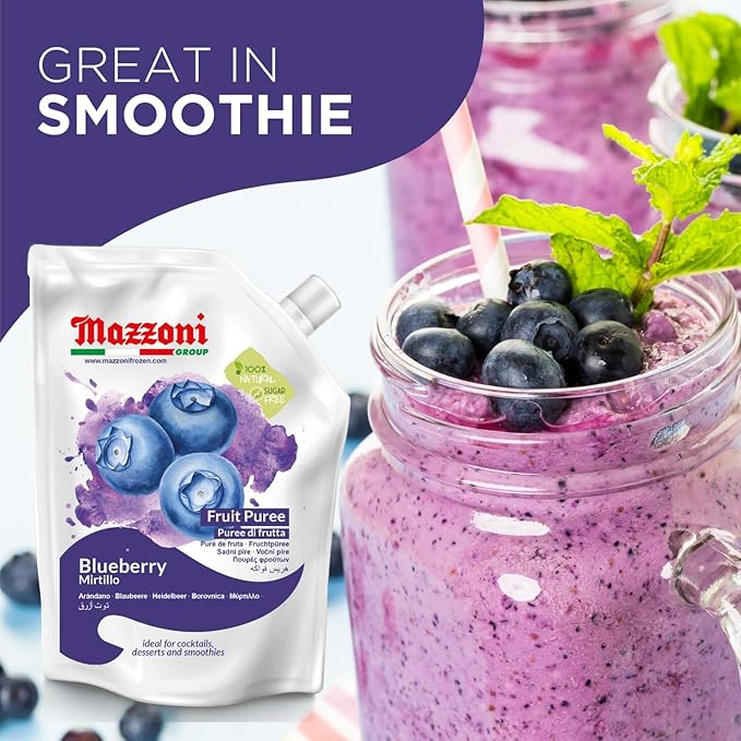 Mazzoni - Blueberry Puree 100% Pure Blueberries Just Fruit No Sugar Added Real Fruit for Smoothies Drinks Cocktails Fruit Juice - 2.2 lb Convenient Pouch Made in Italy