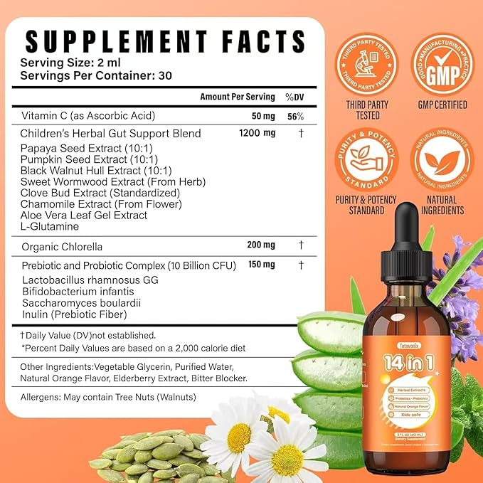 14 in 1 Herbal Gut Cleanse Drops – Natural Detox for Adults &amp Kids with Wormwood Black Walnut Chlorella 200mg &amp 10B Probiotics 150mg – Digestive Health Supplement Alcohol-Free 2oz