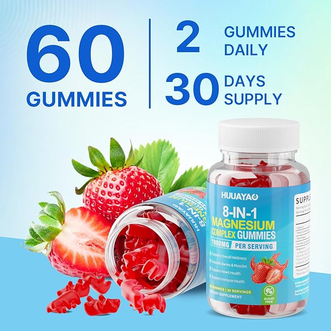 Magnesium Complex Gummies for Women Men 8 in 1 Magnesium Glycinate Citrate Malate Taurate Supports Bones Muscle Nerve Health Sugar-Free Vegan Non-GMO Strawberry Flavor 120 Count