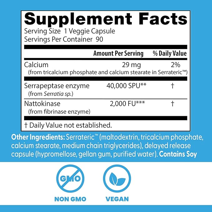 Doctor's Best Natto Serra for Men &amp Women - Nattokinase and Serrapeptase Enzyme Supplement Caps for Circulatory &amp Immune Health Support Optimal Digestive Absorption Non GMO Vegan - 90 Veg