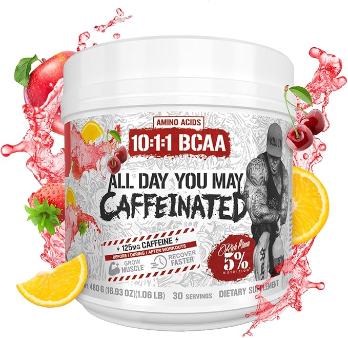5% Nutrition Rich Piana AllDayYouMay Caffeinated BCAA Energy Powder | Premium Pre Workout Amino Energy &amp Electrolytes | Hydration Endurance &amp Recovery | 16.08 oz 25 Servings (Fruit Punch)